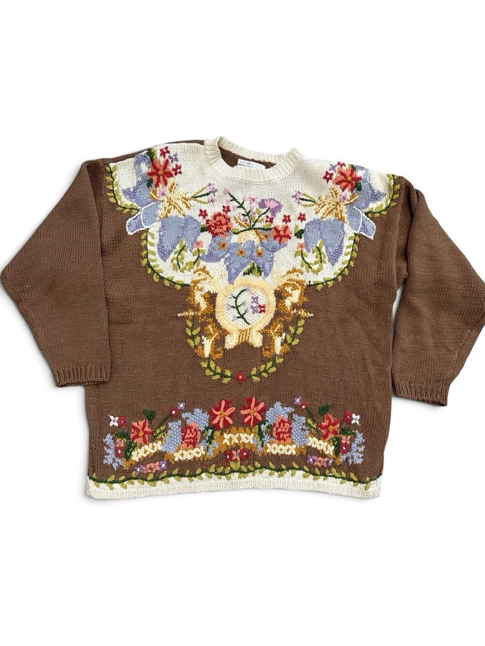 Vintage Handknit Sweater Embroidered Fall Floral Jennifer Reed NWT 2X